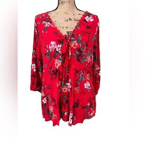 Torrid Red Floral Boho Blouse Size 1 or 14/16